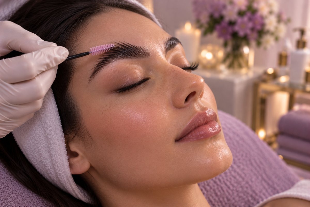 Brow Lifting: Augenbrauen werden mit einem Bürstchen nach oben in Form gebürstet