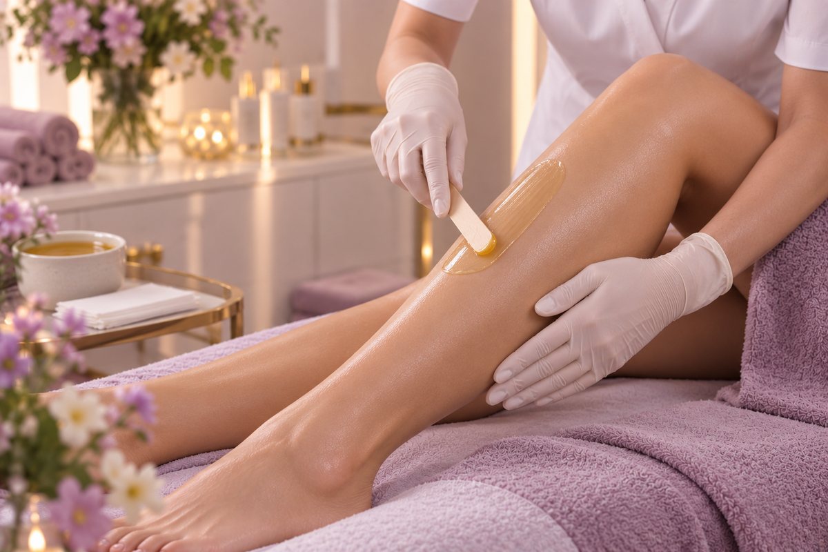 Waxing am Bein mit warmem Wachs und Spatel
