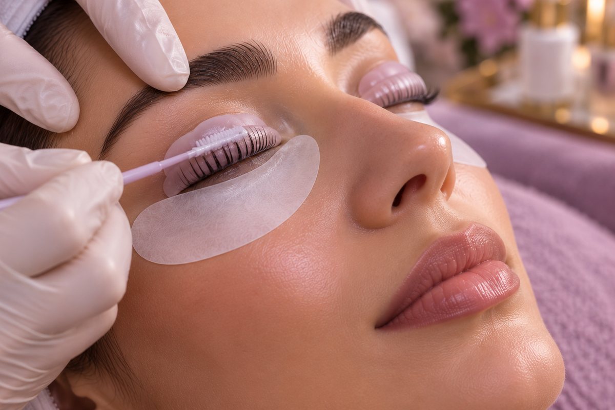 Wimpernlifting: Wimpern werden auf dem Silikonpad mit einem Bürstchen in Form gebracht